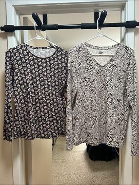 Lands' End Cream and Black Animal Print V-Neck Long Sleeve& Navy Floral Top set